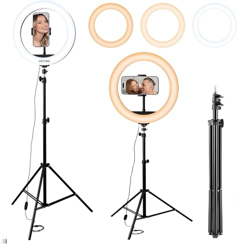 USTINE 10 Inches Big RGB LED Ring Light for Camera, Phone YouTube Video Shooting and Makeup, 7 Feet Long Foldable and Lightweight Tripod Stand (7FT Tripod + 12″ Ring Light) USTINE 10 Inches Big RGB LED Ring Light for Camera, Phone YouTube Video Shooting and Makeup, 7 Feet Long Foldable and Lightweight Tripod Stand (7FT Tripod + 12″ Ring Light)