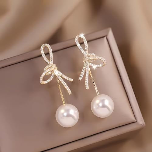 Bow Pearl Earrings for Women Crystal Bow Earrings 14K Gold Bowknot Dangle Drop Earring Dainty Statement Pearl Earring Jewelry Gifts3