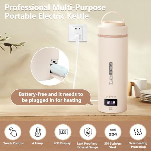 Travel Kettle 16oz/450ml Mini Portable Electric Kettle with 4 Temperature Settings, Plug in 304 Stainless Steel Mini Travel Electric Kettle with Auto Shut-off (Beige)