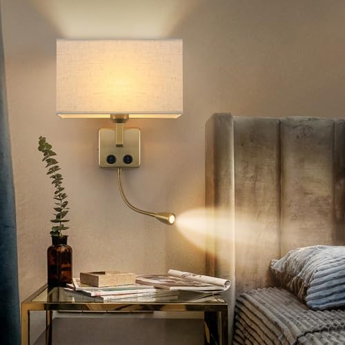 Lámparas de Pared para Sala de Estar con Brazo Móvil y Pantalla Beige Acabado Cobre