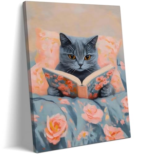 Framed Cat Reading Book Canvas Wall Art, Cute Gray Kitten