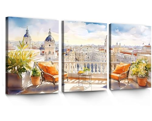 LANZHENZHENART 3Pcs Watercolor Spain Madrid Wall Art Madrid