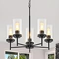 5-Light Farmhouse Glass Chandelier, Modern Black Chandelier for Dining Room, Industrial Foyer Lighting Fixtures Chandeliers for Entryway Kitchen Island Living Room Bedroom Adjustable Height, UL-Listed