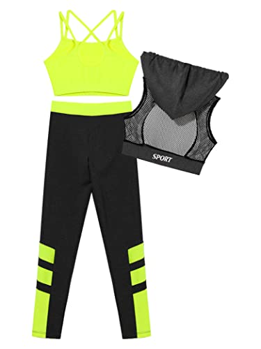 Daenrui Girls Hip Hop Dance Clothes Cropped Hooded Sweatshirts Tank Tops and Sweatpants for Performance Fluorescentyellow 12 Years