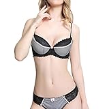 Necalisi BH und Slip Set Damen Schwarz Damen Push Up BH mit Blumen Spitze Schalen Bügel BH Gepolstert Elegant BH für große Brust 75C