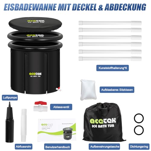 acetek Eisbad Tonne für Athleten mit Abdeckung 90cm，477L tragbares Ice Bath tub für Kryotherapie，Faltbare Eisbad Badewanne für Sportler Freistehende，Mobile Badewanne Eisfass für Outdoor den Innen