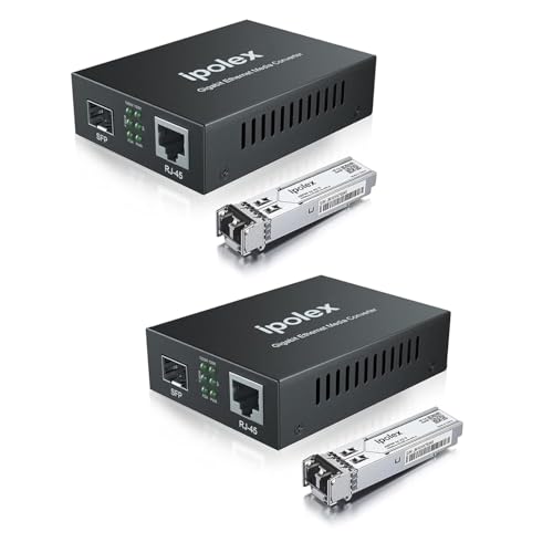 ipolex Gigabit Multi-Mode LC Fiber to Ethernet Media Converter with a SFP-SX Module, 1.25G Fiber to Copper RJ45 Media Converter, 1000Base-SX to 10/100/1000Base-TX (850-nm, 550m@OM2OM3MMF) 2-Pack.