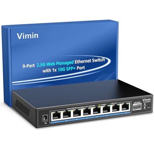VIMIN 8 Port 2.5G Web Managed Ethernet Switch with 10G SFP, 9 Port 2.5 Gigabit Smart Network Switch Managed Support Vlan/QoS/IGMP/Static Aggregation, Desktop/Wall-Mount, Fanless, Work for 2.5G NAS