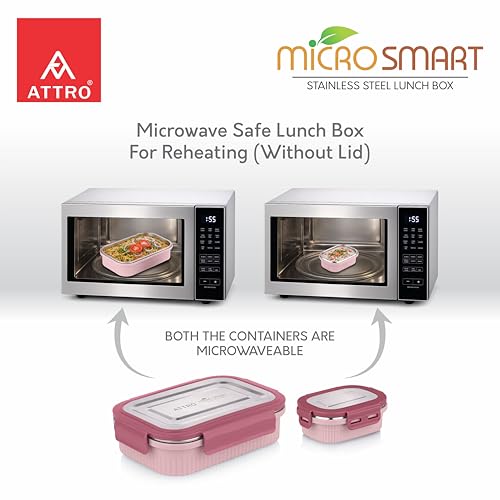 Image of ATTRO Micro Smart Stainless Steel Lunch Box with Inner Steel Body, Microwave Safe Without Lid, Airtight Leakproof with Small Container for Office, School Kids & Outdoor Use - 800ml+180ml-Peach