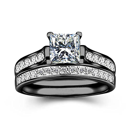 Couple Rings Set 2in1 Black Bridal Ring Matte Black Groove Ring His and Hers Wedding Ring Sets for Lover Anniversary Engagement Promise Rings Bridal Sets2