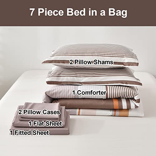Luxudecor Taupe Comforter Set Queen Size 7 Pieces, Stripe Bed In A Bag, Khaki Brown Patchwork Striped Comforter And Sheet Set, Soft Microfiber Complete Bedding Set For All Season (Taupe, 90"X90") #TOP6