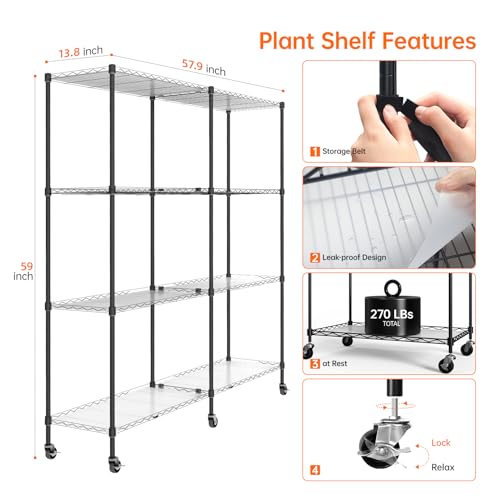 Plant Shelf with Grow Light, 4-Tier Large Grow Light Shelf with Wheels, Stainless Steel, 12-Pack 288W T8 Full Spectrum Grow Lights for Seed Starting(57.4" L x 13.8" W x 59" H)