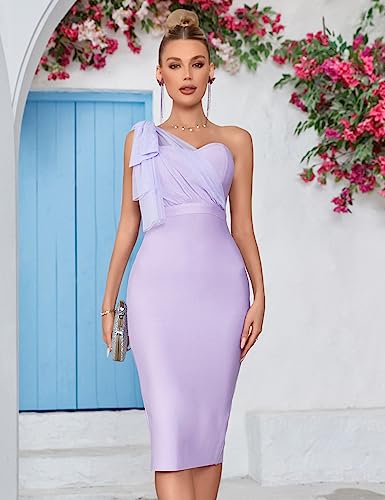 Image of Mesh One Shoulder Bow Bodycon Midi Graduation Birthday Dinner Dress Bandage Party Dress