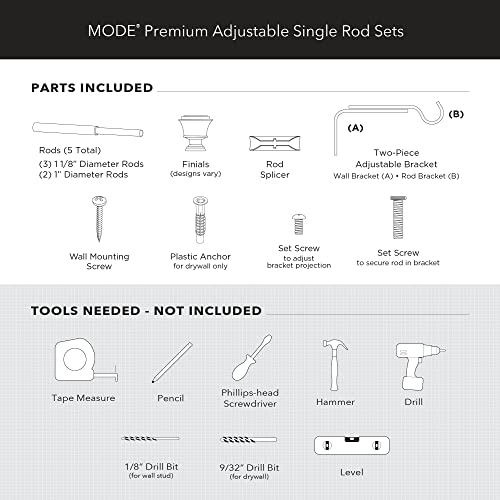 Mode Premium Collection 1 1/8" Diameter Curtain Rod Set With Round Birdcage Curtain Rod Finials And Steel Wall Mounted Adjustable Curtain Rod, Fits 144” To 240” Windows, Brushed Nickel #TOP4