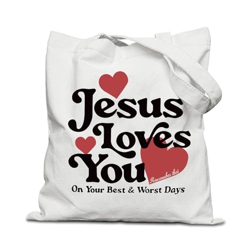 Fychuo Christliche Stoffbeutel, Canvas Jutebeutel Bedruckt mit Jesus Loves You, Jesus Einkaufstasche für Gläubige, Christliche Geschenke für Frauen, Christliche Deko, 40x35cm