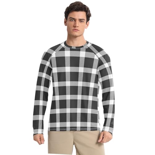 Black White Buffalo Plaid Long Sleeves UPF 50+ Comfortable Elasticity Mens Sun Shirts Protection Long Sleeve Water Fishing