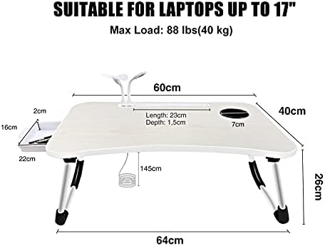 A3A ACADGQ Stolik pod laptopa, stolik pod laptopa, składany stolik do notebooka z 4 portami ładowania USB, szufladą, stojakiem na podkładki, szczeliną na filiżanki, na łóżko, sofę, podłogę (60