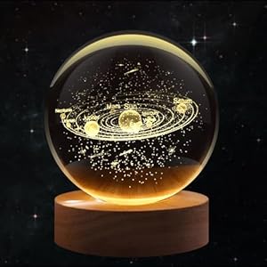 Flexzion 3D Solar System Crystal Ball Night Light – LED Light Hologram Glass Lamp with Solid Wood Base, USB Powered Crystal Ball Lamp w/Adjustable Brightness for Home Decor Display Gift,2.4inch(60mm)