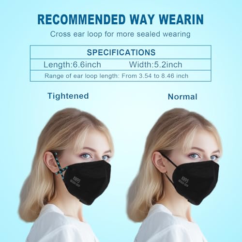 XIKII KN95 Face Mask Black, 50 Pack - 5-Layer Protective Masks, GB2626-2019 Certified, Comfortable Ear Loops, 98% High Filtration, Adjustable Nose Bridge, Non-Medical Respirators for Everyday Safety