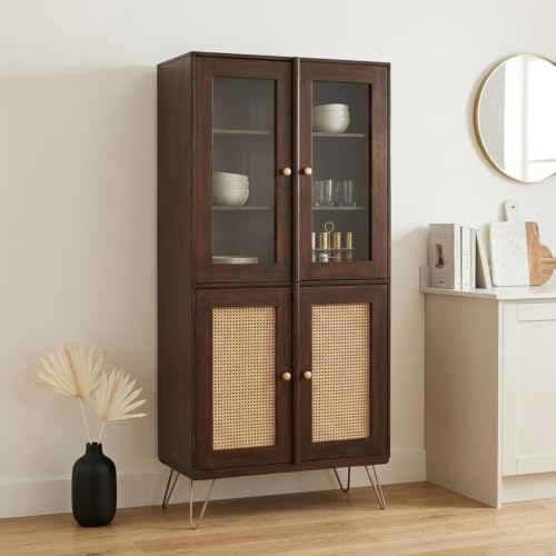 Image of Solid Wood Crockery Cabinet | Sheesham Wood Storage Unit with Glass Doors & Cane Panel | Handcrafted Dining Room Display Cabinet (Walnut Finish)