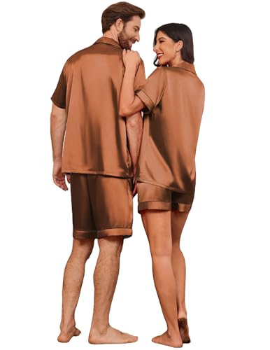 Image of Ekouaer Couple Matching Pajamas Sets Silk Short Sleeve Button Down Sleepwear Satin Pjs Shorts Set Soft Loungewear S-XXL
