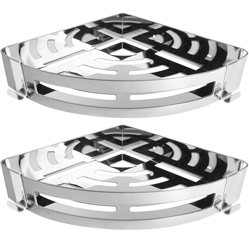 NearMoon Bathroom Shower Caddy 2 Pack, 304 Stainless Steel Shower Organizer with 2 Hooks, No Drill (Corner Shelf, Chrome Finish)