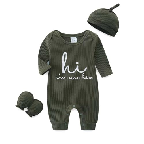 Babymine Newborn Going Home Boy Outfits 0-3 Months Baby Boy Dark Green Long Sleeve Onesie New Born Photography Hi Im New Here Newborn Outfit Boy