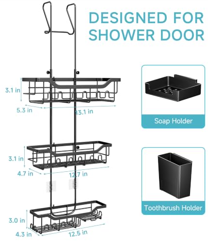 Image of Shower Caddy Hanging Over the Door, Upgraded Extended Length Shower Organizer, 3 Tier Rustproof Bathroom Rack with Hooks Soap Holder