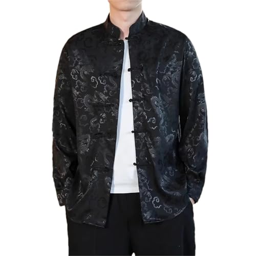 Men Satin Mandarin Collar Silk Shirts Collar Chinese Dress Shirt Large Size with Dragon Red Year Clothes