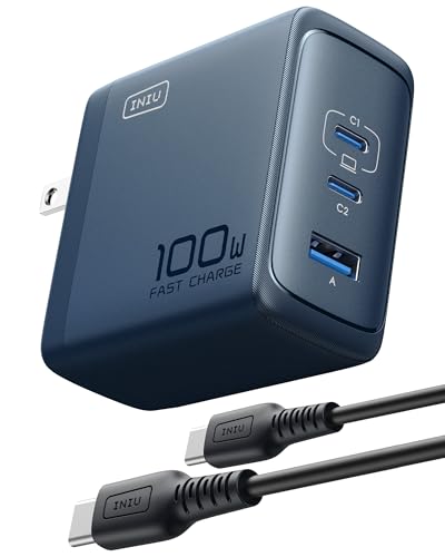 INIU for Macbook Pro Air Charger, 100W 3-Port PD Fast Charging, Compact Foldable Charger With USB C Cable, GaN Power Adapter For Mac Book, iPad, iPhone 17, Samsung S25, Switch, Camping, Business, Blue