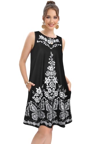 Image of elescat Women's Summer Dresses 2026 Beach Casual Sleeveless Floral Print Tank Loose Sundress with Pocket