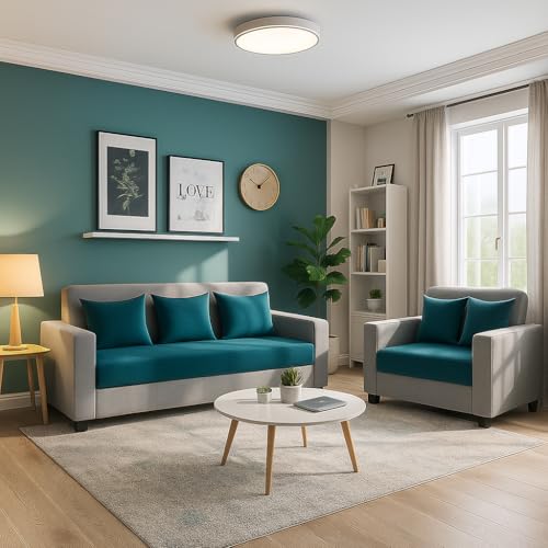 Image of FURNY Lexon 5 Seater Fabric 3+2 Sofa Set (Aqua Blue-Light Grey) | Premium Velvet Finish | Durable & Comfortable | Ideal for Living Room