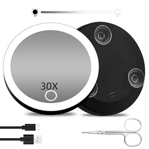 Suupvaor Espejo de Aumento 30X con luz y ventosas, Espejo de Aumento Iluminado Regulable 30X 10cm Recargable Espejo de Maquillaje de Bolsillo de Gran Aumento con Tijeras