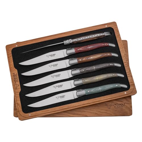 Laguiole en Aubrac Luxury Fully Forged Full Tang Stainless Steel Steak Knives 6-Piece Set with Mixed Pakkawood Handles, Stainless Steel Matte Bolsters