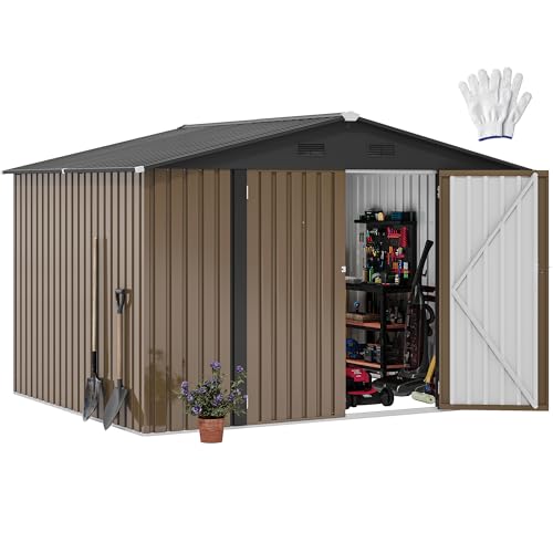 Image of DWVO 10'x8' Large Metal Outdoor Storage Shed, Heavy Duty Tool Storage Sheds for Backyard Patio Lawn - Ideal for Bicycles, Garden Tools, and Lawn Equipment, Easy-to-Assemble, Brown