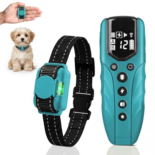 Tiniest Small Dog Shock Collar, Lightest Dog Training Collar with 2000ft Remote, Tailored for Small Dogs 5-15lbs & Medium Large Dogs, Beep, Vibrate, Shock, Lighting, Waterproof, Rechargeable，Cyan