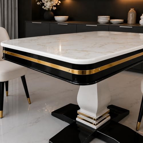 Image of RK Wood Wooden Dining Table Set of 4, Luxury Marble-Effect Sunmica Top, Modern 4 Seater Dining Table with Velvet Upholstered Beige Cushioned Chairs, Sheesham Wood Legs & Brass Strip for Dining Room