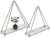 Rustic Set of 2 Wooden Floating Shelves with String - Farmhouse Hanging Shelves for Living Room Wall - Small Kitchen Shelves with Rope - 17