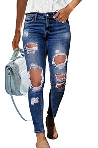 HOCAIES mujeres novio jeans desgastados casual rasgados jeans cintura alta mamá pantalones vaqueros - Azul - 4 US