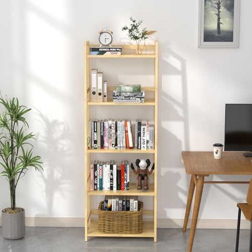 100% Bamboo Bookshelf Sturdy Bookcase for Living Room, Bedroom, O...