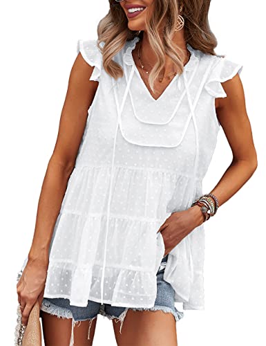 Prettygarden Women's Casual Chiffon Blouses Summer Cap Sleeve V Neck Swiss Dot Ruffle Babydoll Shirts Flowy Tunic Tops(White,Medium) #TOP26