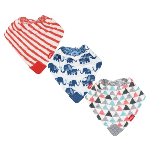 Nuby Reversible 100% Natural Cotton Muslin 3 Piece Teething Bib, Grey/Red/Blue, Arrows/Red Stripes/Elephants