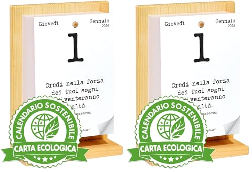 calendario geniale 2026. l'originale eco sostenibile. il primo con bonus digitali. idea regalo con scatola. supporto legno di abete naturale. leggi ogni giorno una frase e il pensiero filosofico.