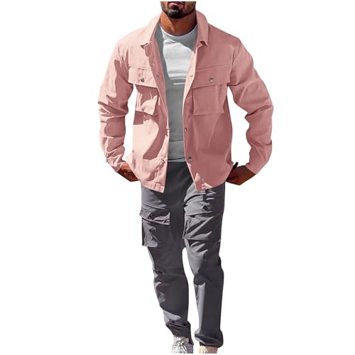 Sinzelimin Men's Cargo Outfits Fall Winter Fashion Button Lapel Jacket Blouse Tops and Cargo Pants Two Piece Sets with Pocket Pink Medium