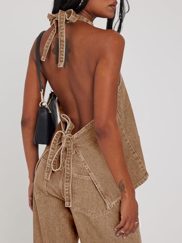 Tankaneo Womens Halter Denim Vest Tops Summer Sleeveless Open Back Y2K Going Out Jean Tank Tops V Neck Button Up Waistcoat — view 2