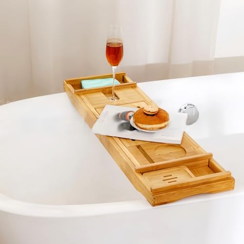 Oksoar Bathtub Tray, Premium Bamboo Luxurious Spa Set for Women: Unique Expandable Bath Sets, and Relaxing Bath Accessories - Perfect Housewarming and Couples Gifts | Mothers Day Gift