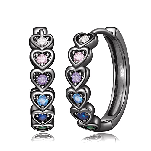 Heart Rainbow Hoop Earrings for Women 14k Gold plated Multicolor Cubic Zirconia Huggie Hoop Earrings with 925 Sterling Silver Post | 20mm