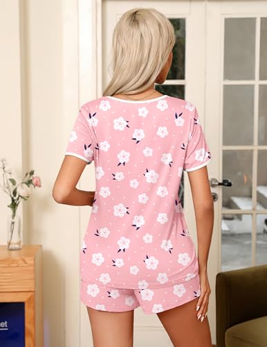 Image of Ekouaer Pajama Set for Women 2 Piece Lounge Set Short Sleeve Tops and Shorts Soft Sleepwear, Chest Pocket