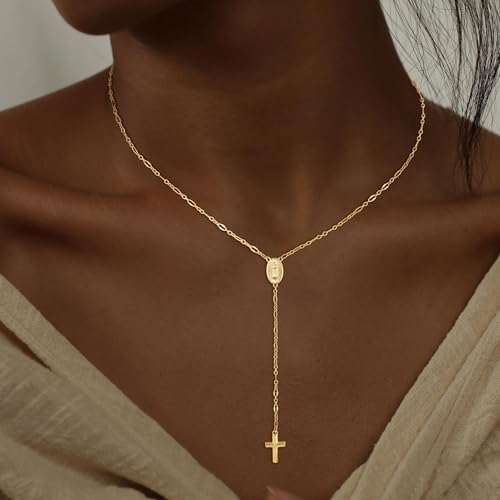 Image of CHESKY Long Necklaces for Women, 14k Gold Plated /Streling Silver Lariat Necklace Dainty Statement Prom Necklace Rosary Cross Sun Drop Pendant Dangle Necklace Gold Prom Jewelry for Women Gifts