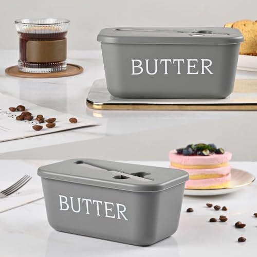 Image of Kyraton Large Plastic Butter Dish with Lid and Knife, Food Grade PP Butter Holder Keeper with Cover for Kitchen Refrigerator Butter Container (Grey)
